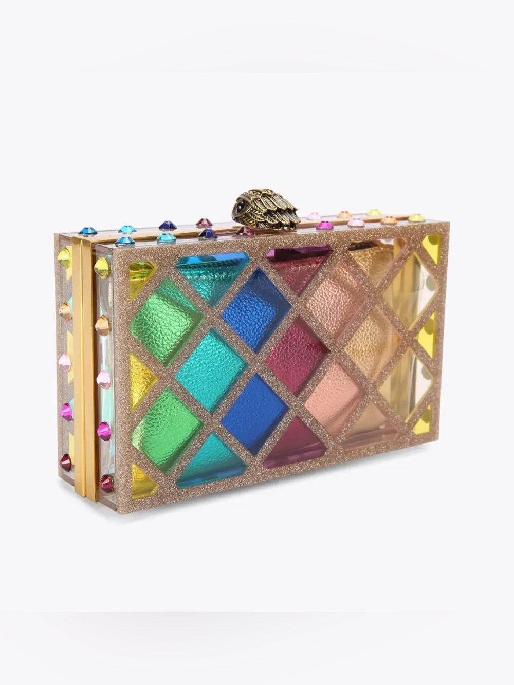 💎Authentic Kurt Geiger London CRYSTAL QUILT BOX CLUTCH Multicolor Gem-Embellis💎